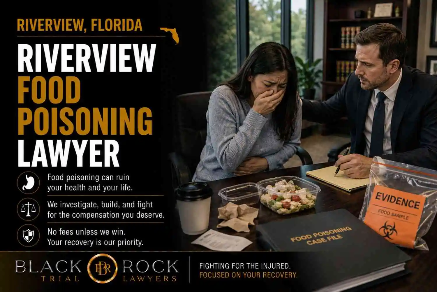 A Riverview Food Poisoning Lawyer from Black Rock Trial Lawyers meets a distressed client beside food sample evidence, a case file, and legal notes.