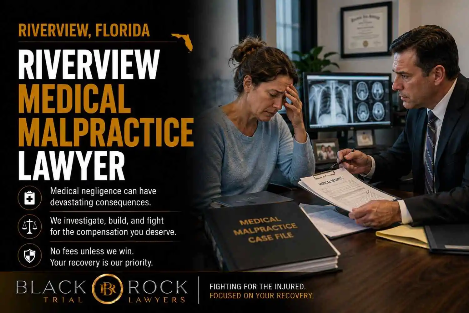 In Riverview, Black Rock Trial Lawyers discusses a medical malpractice case as a distressed client reviews records and hospital scans with counsel.