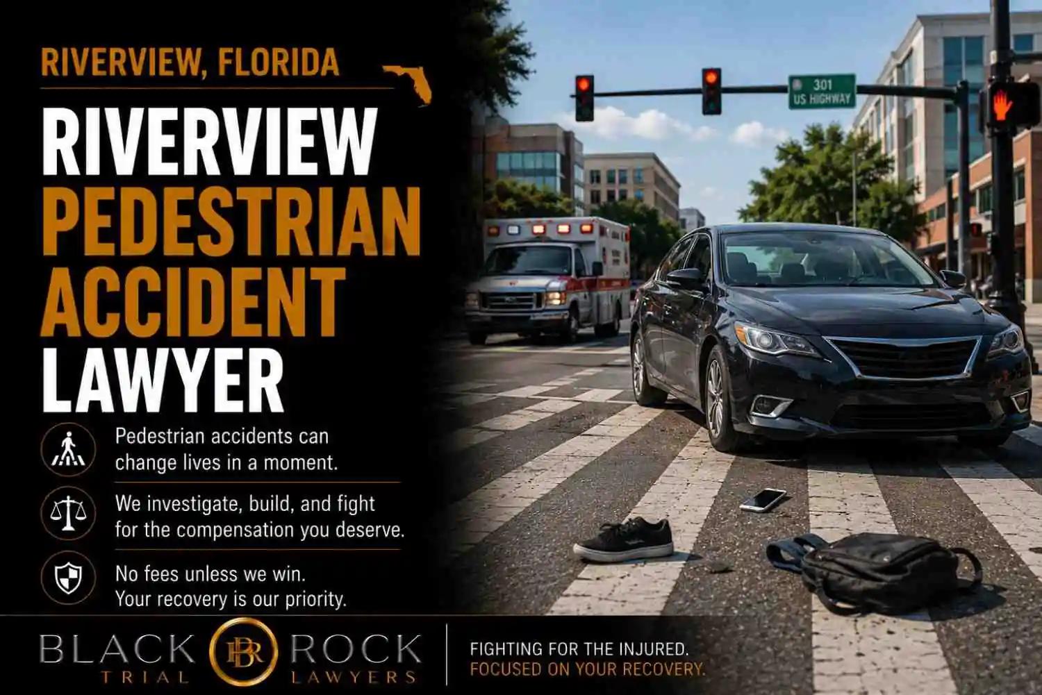 A Riverview pedestrian accident lawyer from Black Rock Trial Lawyers addresses a serious crosswalk crash with an ambulance, car and scattered belongings.