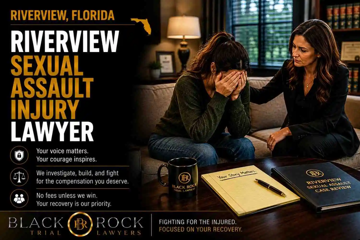 After a sexual assault incident in Riverview, Florida, a distressed survivor meets with Black Rock Trial Lawyers for guidance, support, and case review.