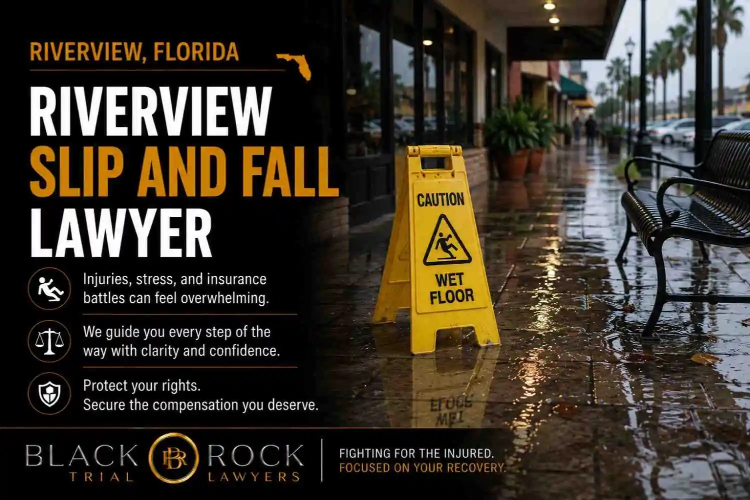 A wet sidewalk in Riverview, Florida shows a yellow caution sign beside Black Rock Trial Lawyers branding and slip and fall lawyer messaging.
