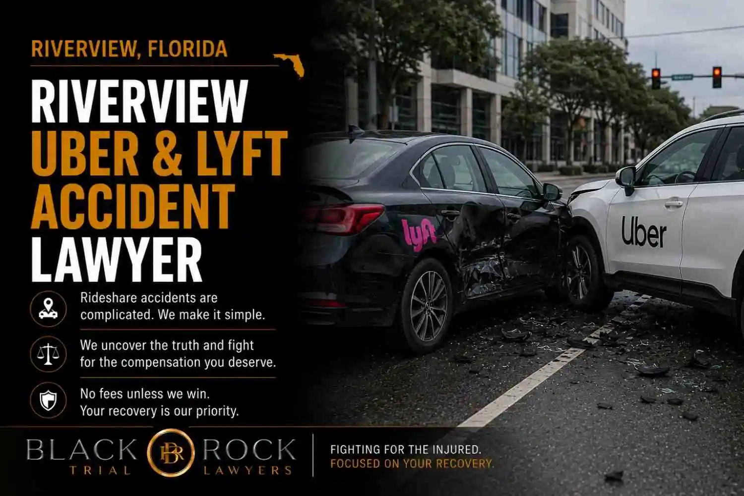 In Riverview, Florida, Black Rock Trial Lawyers addresses an Uber and Lyft collision with a black sedan and white SUV at a city intersection.