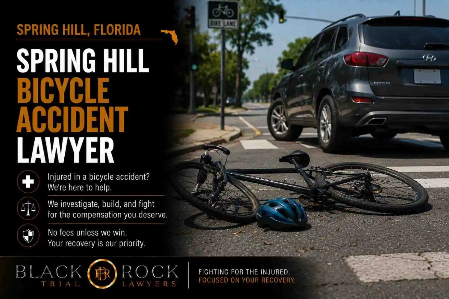Spring Hill, Florida bicycle accident lawyer content with a crashed bike, helmet, and SUV at an intersection, with Black Rock Trial Lawyers branding.