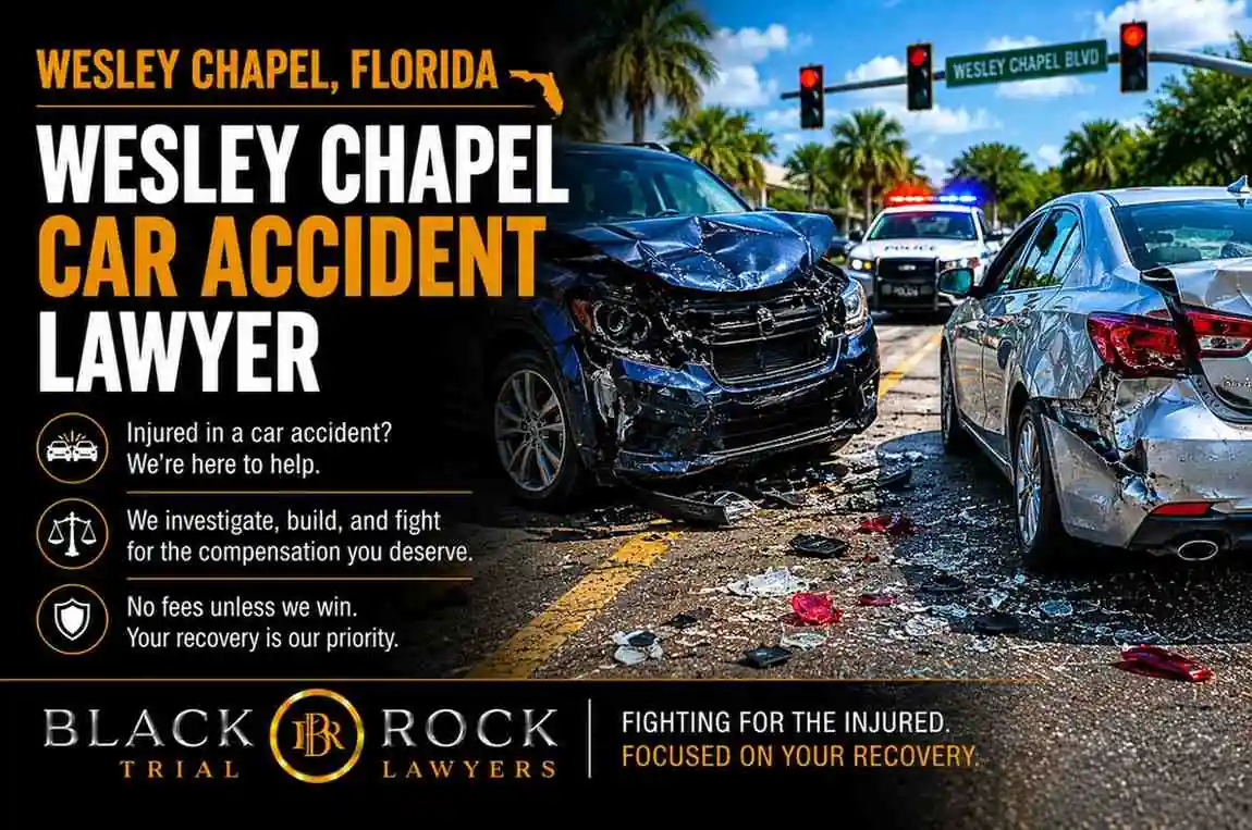 After a Wesley Chapel car accident, Black Rock Trial Lawyers presents collision damage, police lights, and injury support in Florida.