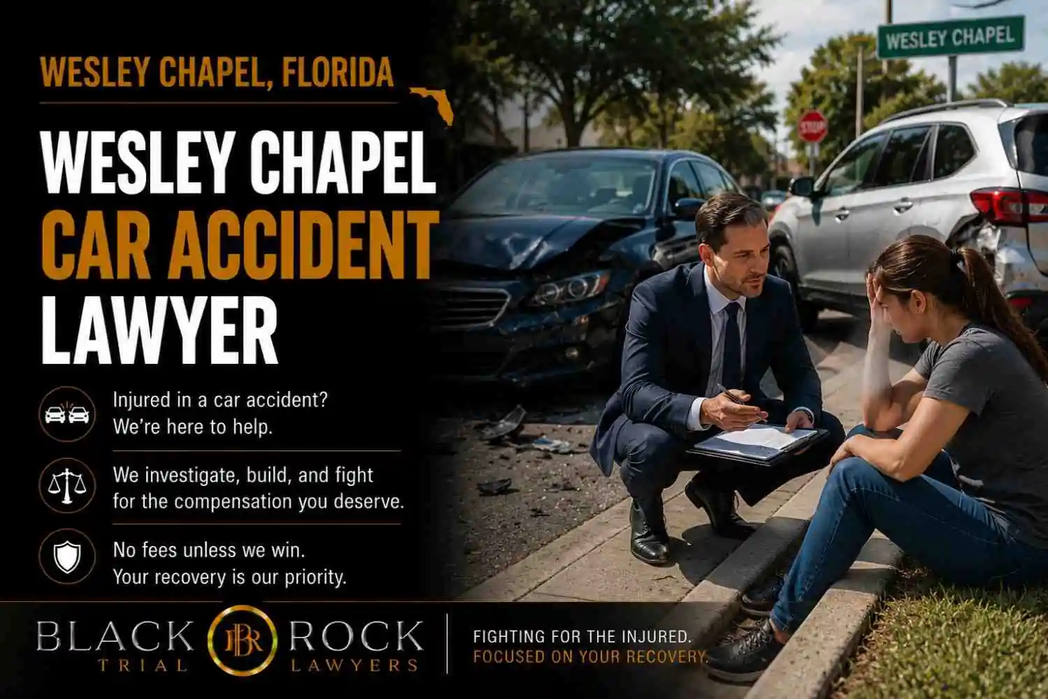 At a Wesley Chapel car crash, a Black Rock Trial Lawyers attorney consults with an injured woman beside damaged vehicles and a roadside sign.